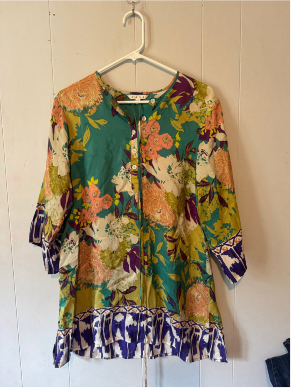 Women's Cabi Floral Blouse Size S Green Purple Silk Top